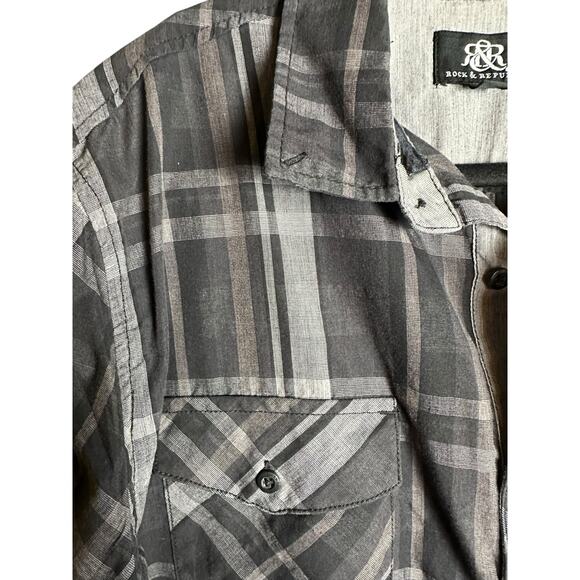 ROCK AND REPUBLIC LONG SLEEVE BUTTON DOWN SHIRT MENS XL BLACK GRAY PLAID - Picture 5 of 6